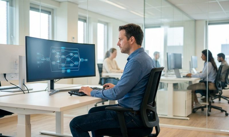 Technisch beheerder bekijkt een vertakt overzicht van paginastructuur op een breed scherm